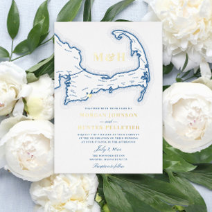 Cape Cod Wedding Elegant Navy and Gold Foil Invitation