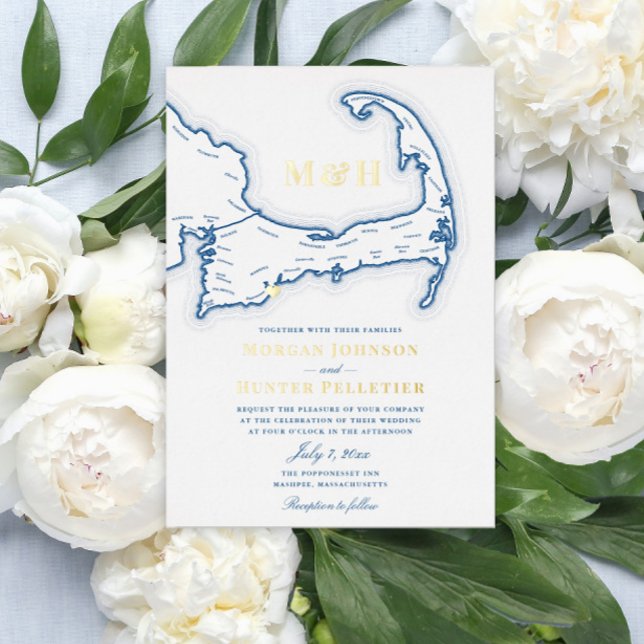 Cape Cod Wedding Elegant Navy and Gold Foil Invitation (Elegant Cape Cod Map wedding invitation with gold foil monogram and a tiny heart over the town)