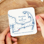 Cape Cod Wedding Welcome Party Cocktail Hour Square Paper Coaster<br><div class="desc">Keep track of all the fun your guests are having at your Cape Cod destination wedding with these custom drink coasters. Perfect customized paper coasters for your Cape Cod clam bake, Engagement Party, Wedding Welcome Party, Cocktail Hour or Wedding Reception. The hand drawn map of Cape Cod includes Barnstable, Bourne,...</div>