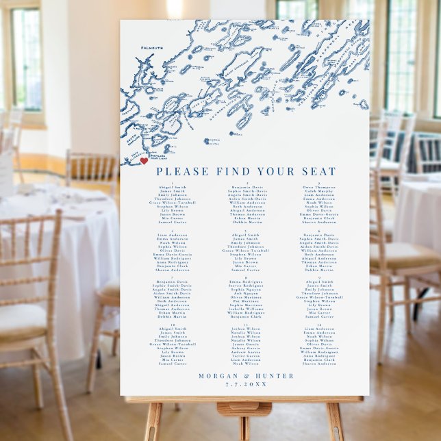 Cape Elizabeth Maine Map Wedding Seating Chart Foam Board (This Cape Elizabeth Maine seating chart features a map of Casco bay and room for 12 tables)