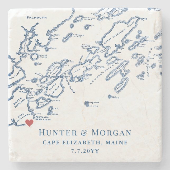 Cape Elizabeth Wedding Favor Casco Bay Map Stone Coaster (Front)