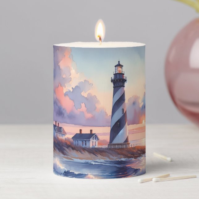 Cape Hatteras Lighthouse at Sunset Coastline Pillar Candle (In Situ)
