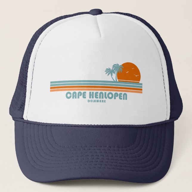 Cape Henlopen Delaware Sun Palm Trees Trucker Hat (Front)