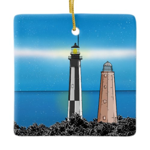 Cape Henry Lighthouses at night Ceramic Ornament