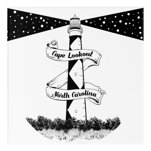 Cape Lookout Lighthouse Black and White Acrylic Print (Front)