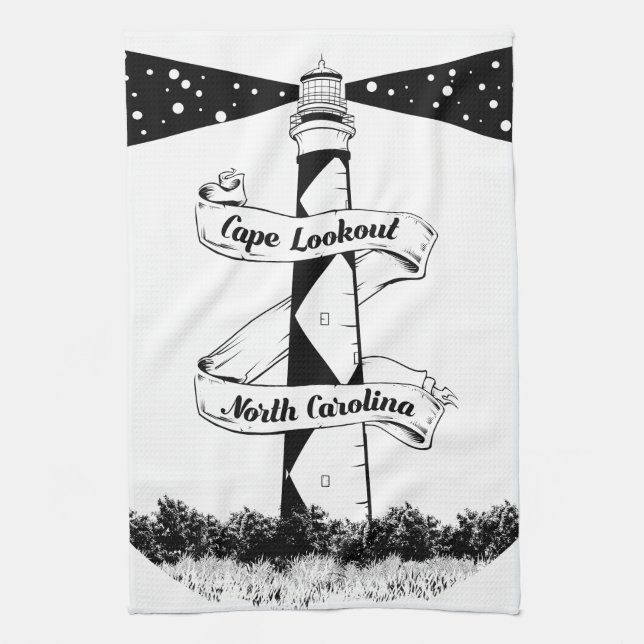 Cape Lookout Lighthouse Black and White Kitchen Towel (Vertical)
