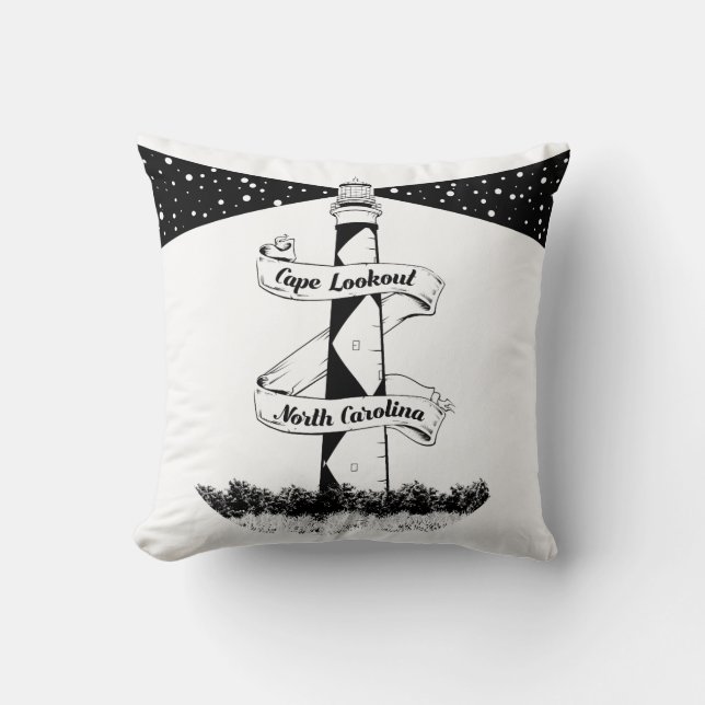 Cape Lookout Lighthouse Black and White Throw Pillow (Front)