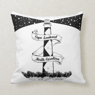 Cape Lookout Lighthouse Black and White Throw Pillow