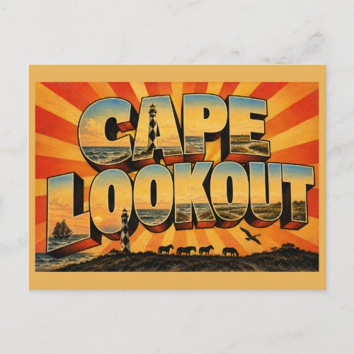 Vintage-style postcard of Cape Lookout Lighthouse in North Carolina
