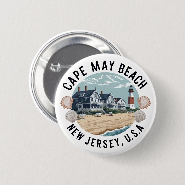 Cape May Beach Retro Vignette Button (Front & Back)