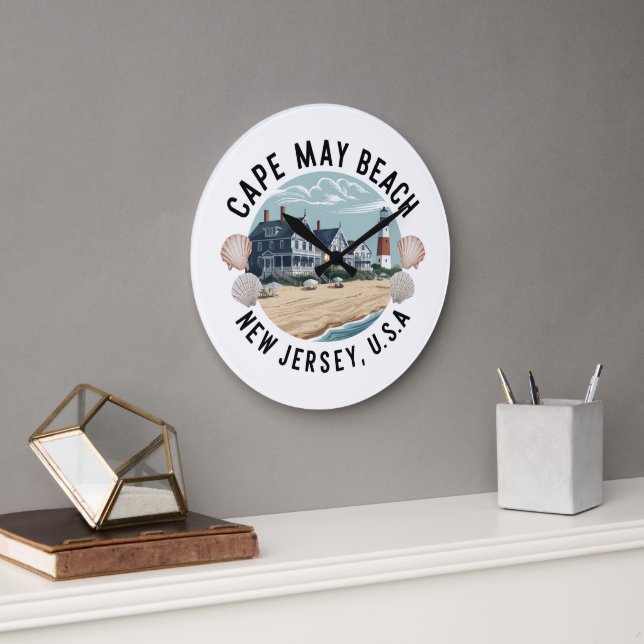 Cape May Beach Retro Vignette Large Clock (Office)