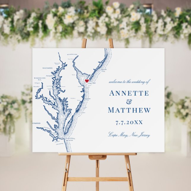 Cape May New Jersey Map Wedding Welcome Sign (Cape May New Jersey Wedding Welcome sign with a map of Chesapeake Bay and a heart over Cape May)