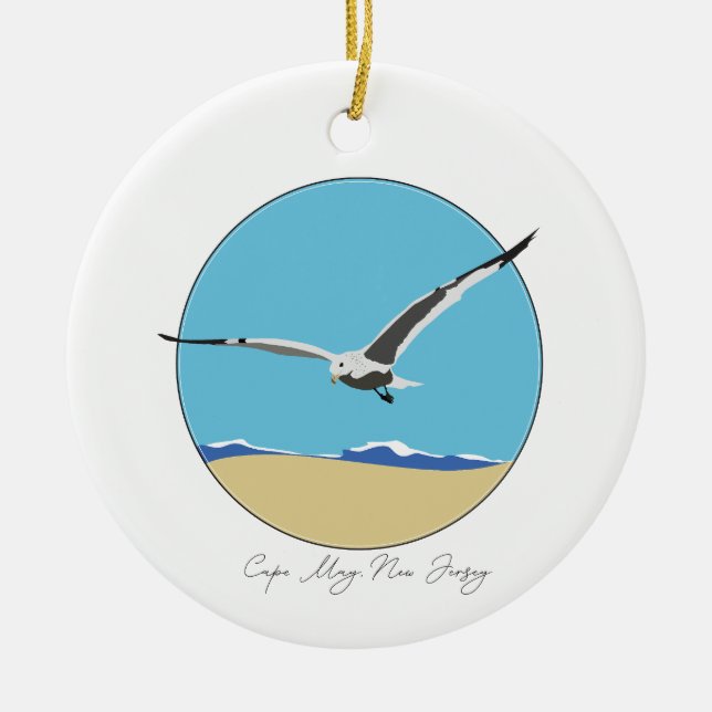 Cape May, New Jersey Sea Gull over Beach  Ceramic Ornament (Front)