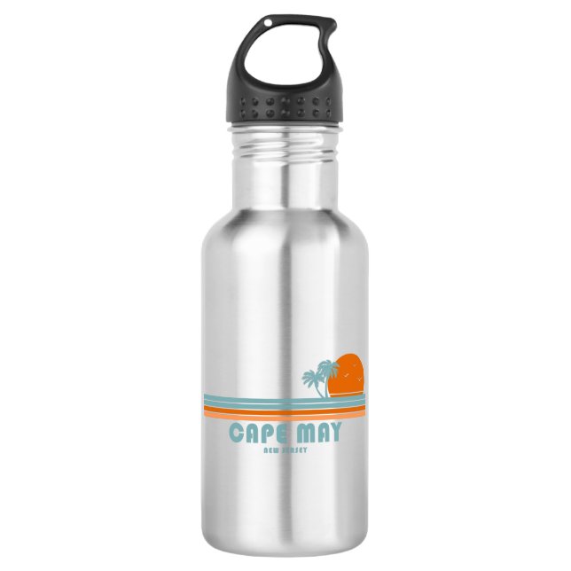 Cape May New Jersey Sun Palm Trees Stainless Steel Water Bottle (Front)