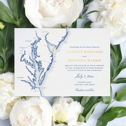 Cape May New Jersey Wedding Navy and Gold  Foil Invitation