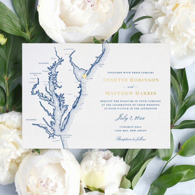 Cape May New Jersey Wedding Navy and Gold  Foil Invitation (Creator Uploaded)