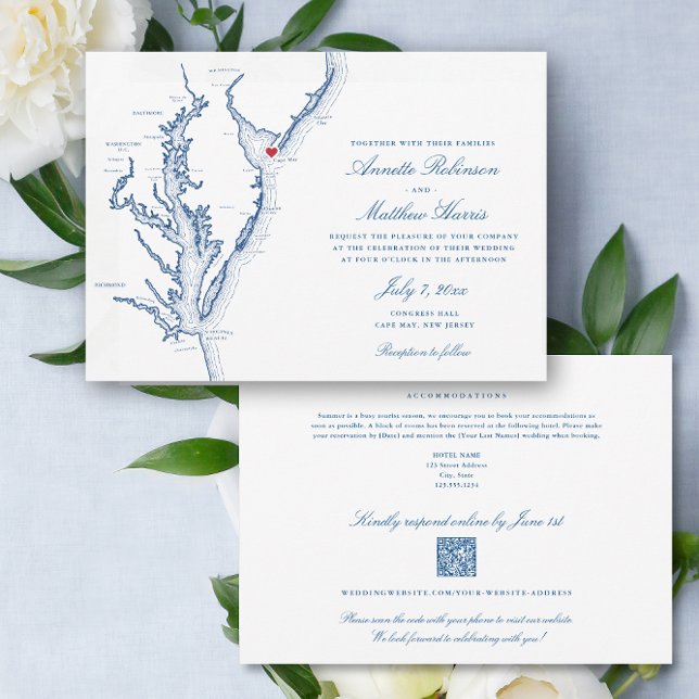 Cape May NJ all-in-one QR code RSVP Wedding Invitation (Cape May NJ All-in-One QR code Wedding invitation in elegant navy blue from Coastal Map Designs)