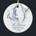 Cape May NJ Map Navy Wedding Photo Christmas Ceramic Ornament<br><div class="desc">Commemorate your Cape May, NJ wedding with our elegant Chesapeake Bay map-themed personalized Christmas ornament. This keepsake features a stunning map design on the front and your wedding photo on the back, making it a cherished reminder of your special day. Perfect for couples married at The Southern Mansion, Congress Hall,...</div>