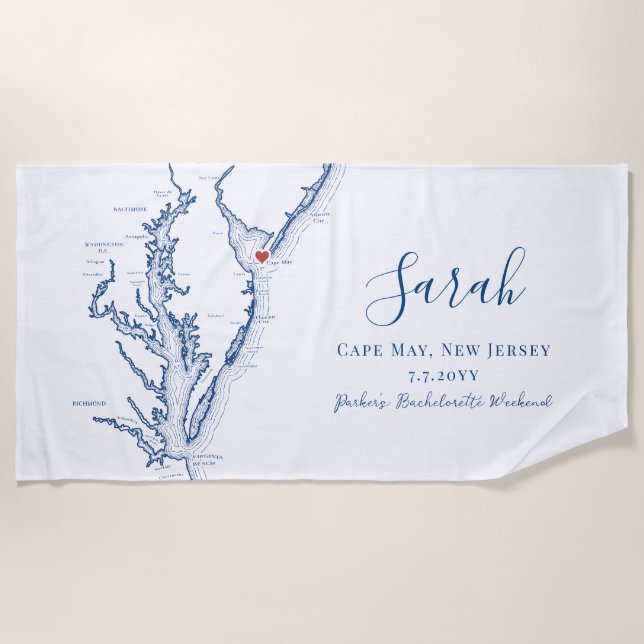 Cape May NJ Personalized Bachelorette Weekend Beach Towel (Front)