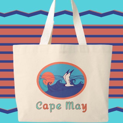 Cape May NJ Seagull Ocean Waves and Sun Large Tote Bag