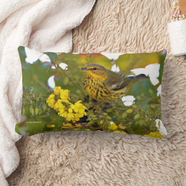 Cape May Warbler Songbird in Flowering Mahonia Lumbar Pillow (Blanket)