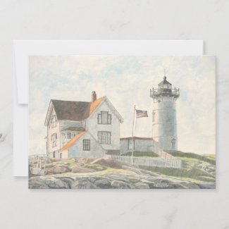 Invitation featuring a watercolor painting of Cape Neddick Lighthouse