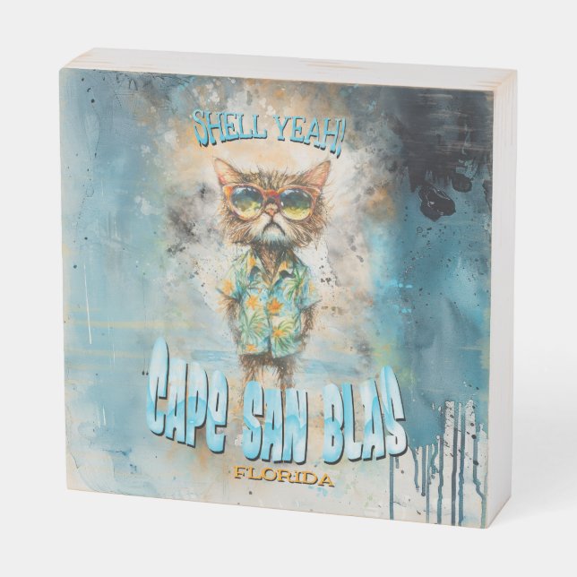 Cape San Blas Florida Beach Cat Wooden Box Sign (Angled Horizontal)