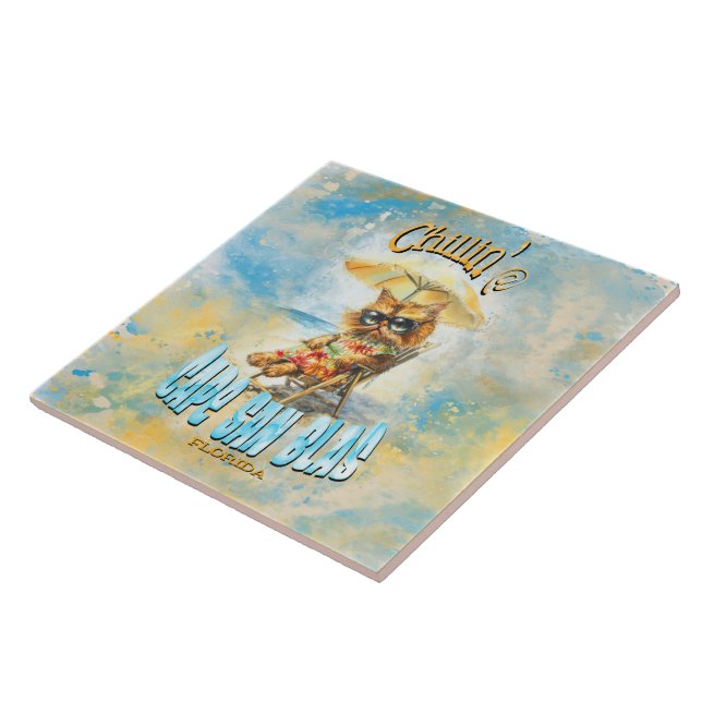 Cape San Blas Florida Beach Lounging Cat Ceramic Tile (Side)
