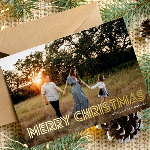 Capital Bold Outlined GOLD Merry Christmas Photo Foil Holiday Card