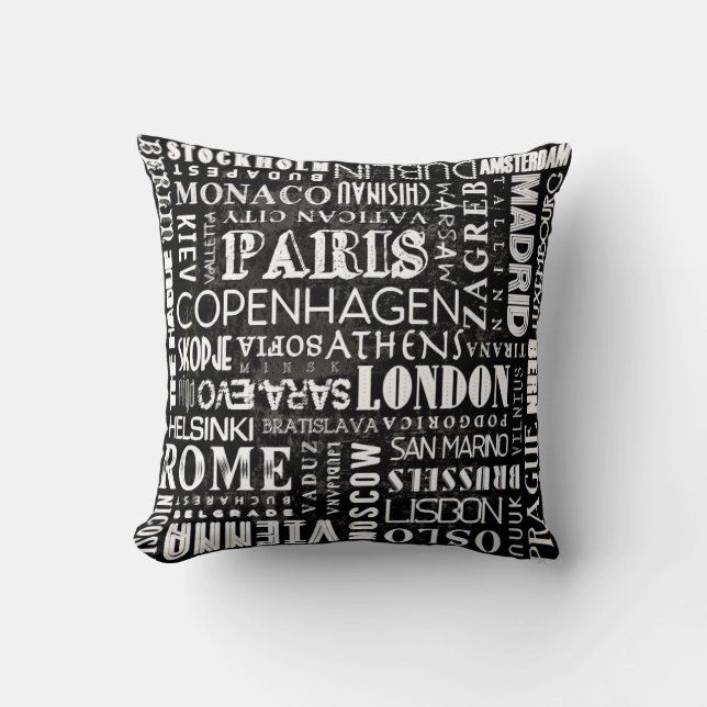 Capital Cities of Europe Typography Throw Pillow (Front)