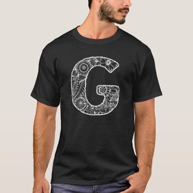 Capital Letter G  Floral Chic Boho Abstract Doodle T-Shirt (Front)