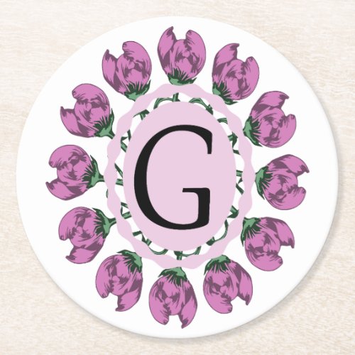 Capital letter G floral monogram Round Paper Coaster