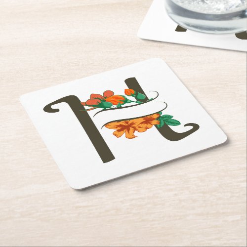 Capital letter H floral monogram Square Paper Coaster