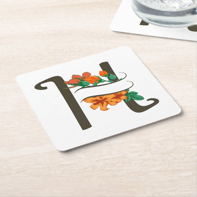 Capital letter H floral monogram Square Paper Coaster (Angled)