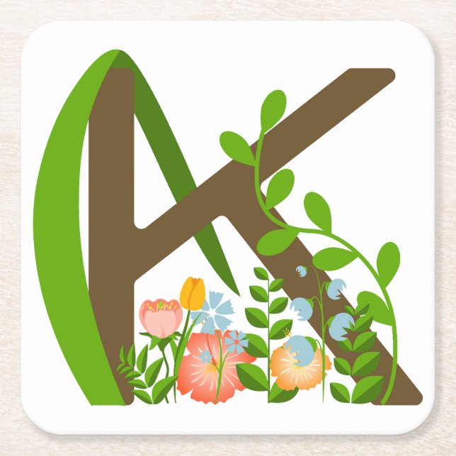 Capital letter K floral monogram Square Paper Coaster (Front)