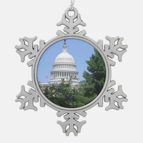 Capitol Building from Bartholdi Park in Washington Snowflake Pewter Christmas Ornament