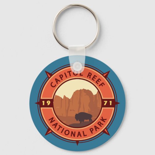 Capitol Reef National Park Bison Retro Compass Keychain