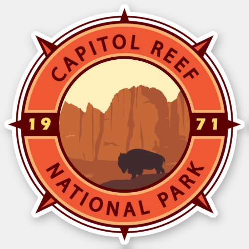 Capitol Reef National Park Bison Retro Compass Sticker