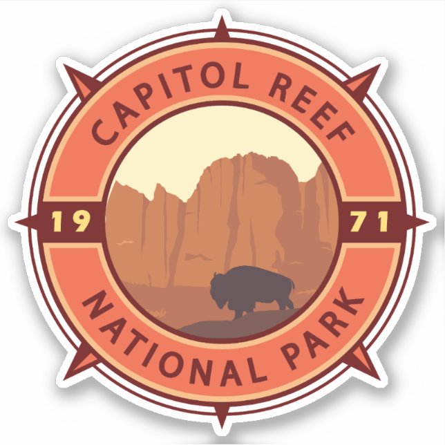 Capitol Reef National Park Bison Retro Compass Sticker (Front)