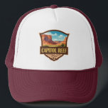 Capitol Reef National Park Illustration Retro Art Trucker Hat<br><div class="desc">Capitol Reef vector artwork design. The park surrounds a long wrinkle in the earth known as the Waterpocket Fold,  with layers of golden sandstone,  canyons and striking rock formations.</div>