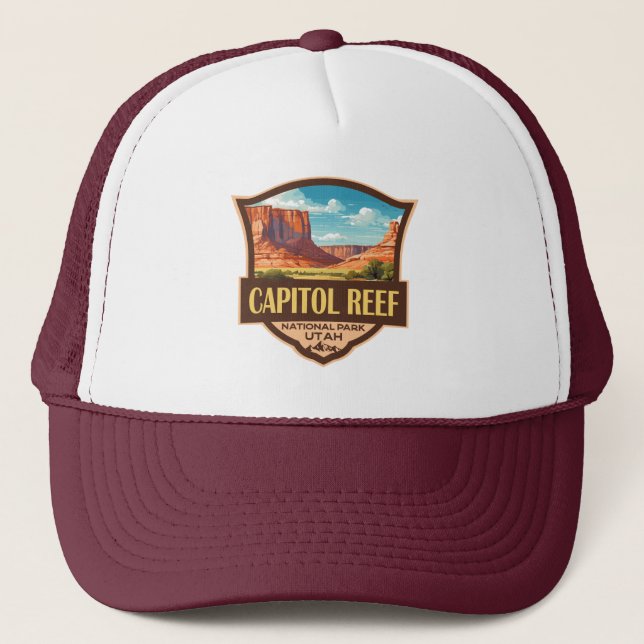 Capitol Reef National Park Illustration Retro Art Trucker Hat (Front)