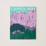 Capitol Reef National Park Utah Vintage Jigsaw Puzzle<br><div class="desc">Capitol Reef vector artwork design. The park surrounds a long wrinkle in the earth known as the Waterpocket Fold,  with layers of golden sandstone,  canyons and striking rock formations.</div>