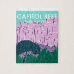 Capitol Reef National Park Utah Vintage Jigsaw Puzzle<br><div class="desc">Capitol Reef vector artwork design. The park surrounds a long wrinkle in the earth known as the Waterpocket Fold,  with layers of golden sandstone,  canyons and striking rock formations.</div>