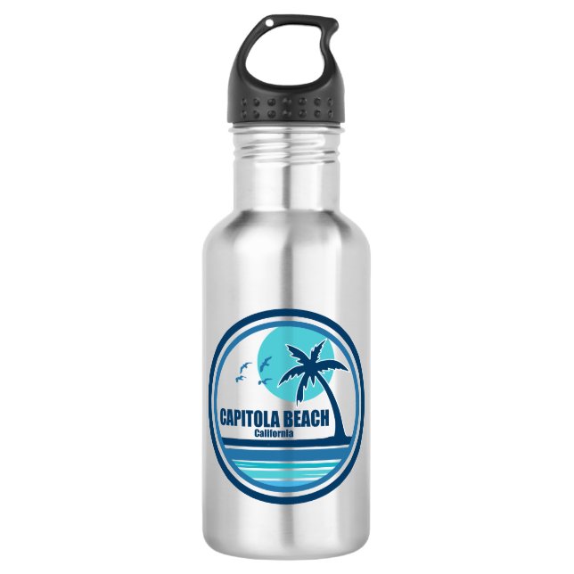 Capitola Beach California Palm Tree Birds Stainless Steel Water Bottle (Front)