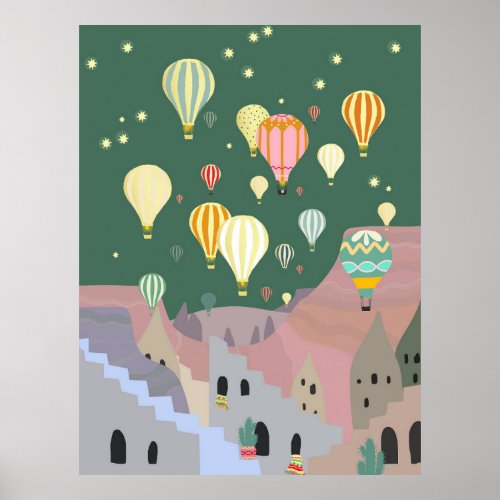 Cappadocia Night Art  Hot Air Balloon Turkey Poster