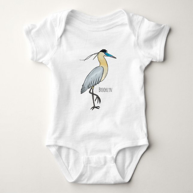 Capped heron bird cartoon illustration  baby bodysuit (Front)