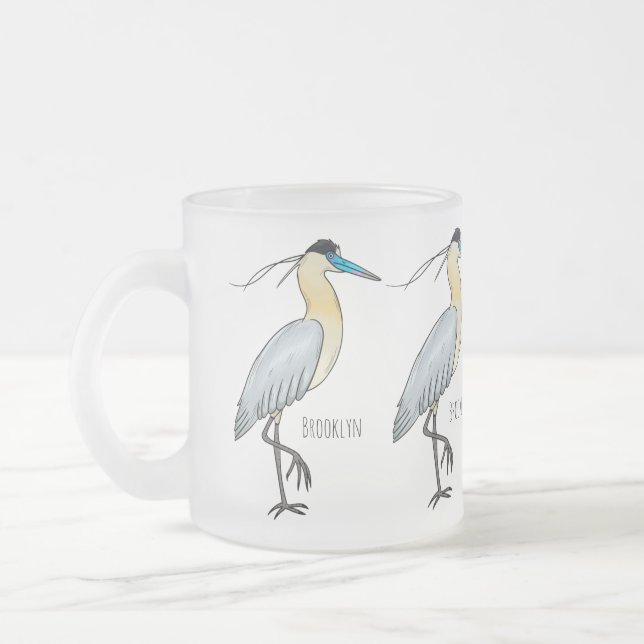 Capped heron bird cartoon illustration  frosted glass coffee mug (Left)