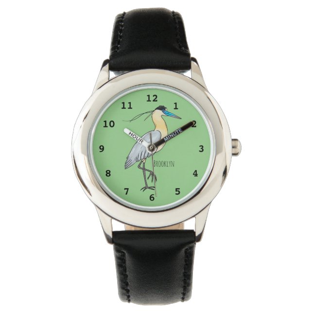 Capped heron bird cartoon illustration  watch (Front)
