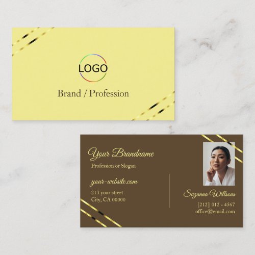 Cappuccino Beige Gold Lines with Logo and Photo  Business Card