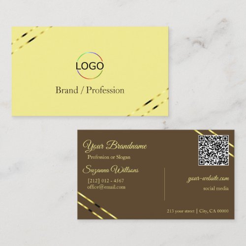 Cappuccino Beige Gold Lines with Logo and QR Code Business Card